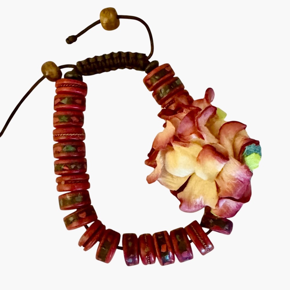 Red and Multicolor Acrylic Disc Bead Adjustable Bracelet Brown Braided Cord
